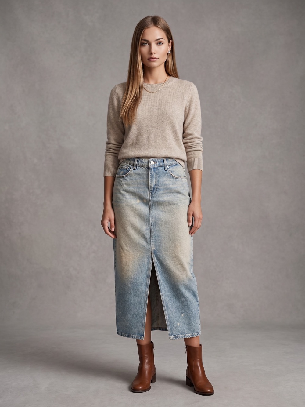 🌻EUC Seven Sisters Denim Midi Skirt Light Wash Distressed Front Slit 5 Pocket L